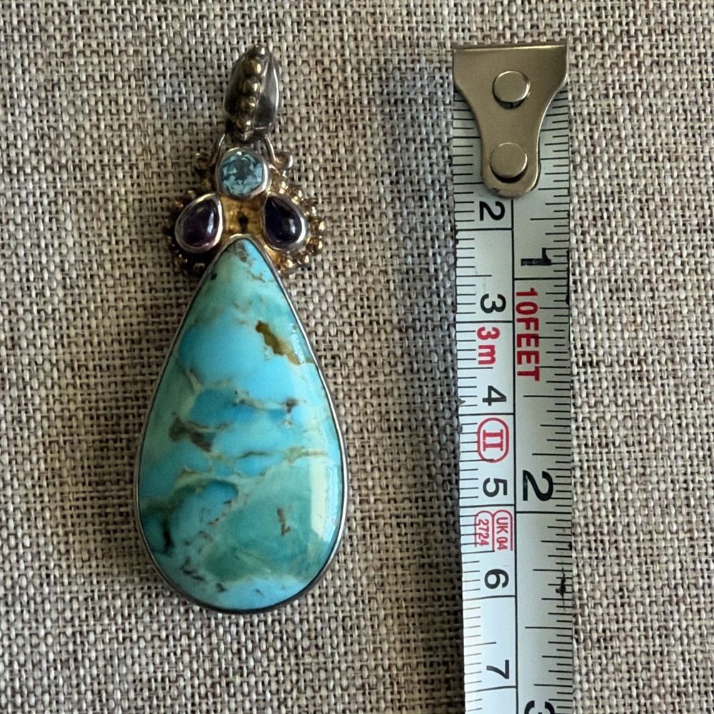 Native American Sterling Silver Turquoise Blue Topaz Amethyst Pendant GL 925